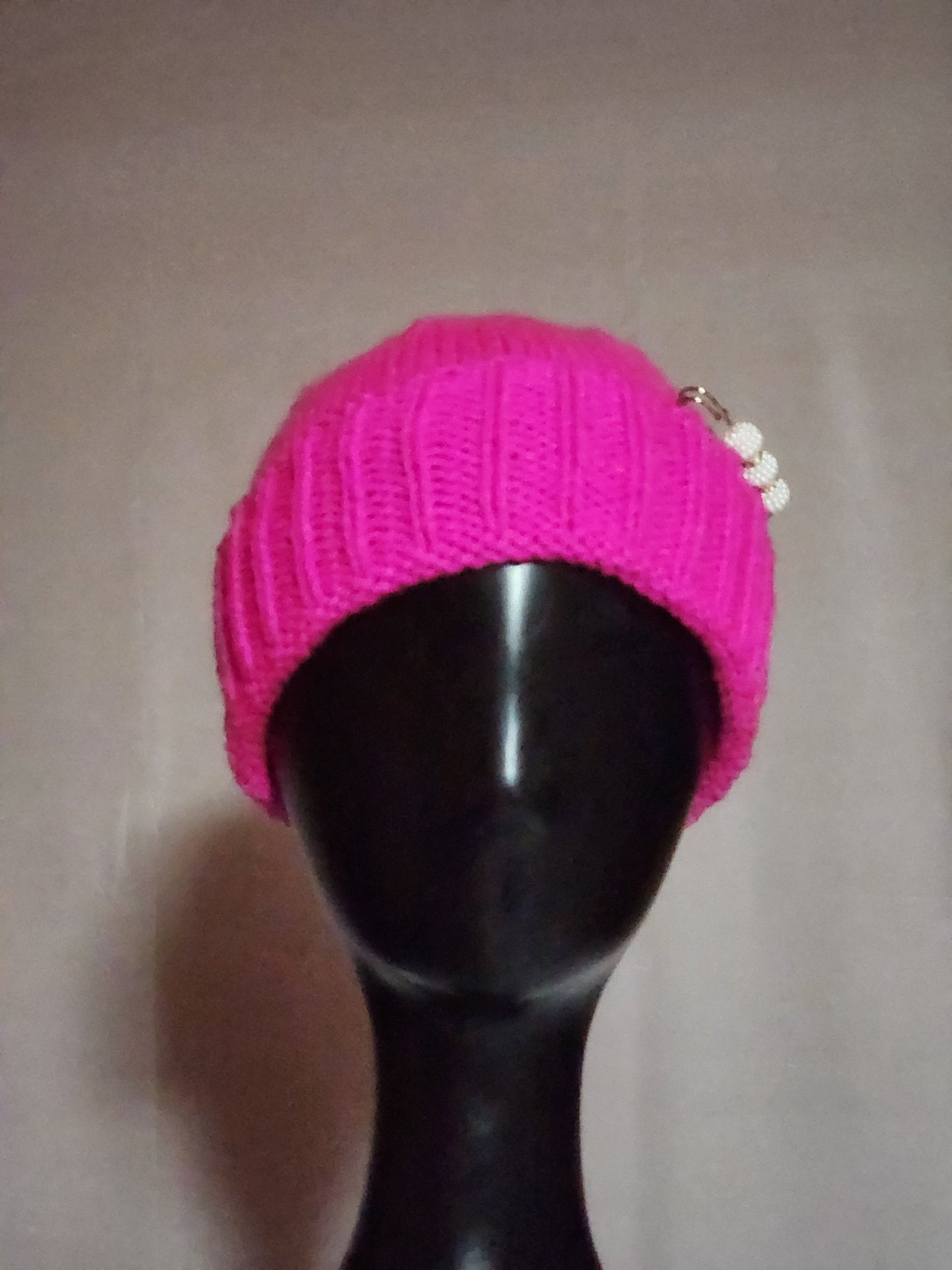 Pink Cuffed Hat with Beaded Safety Pin