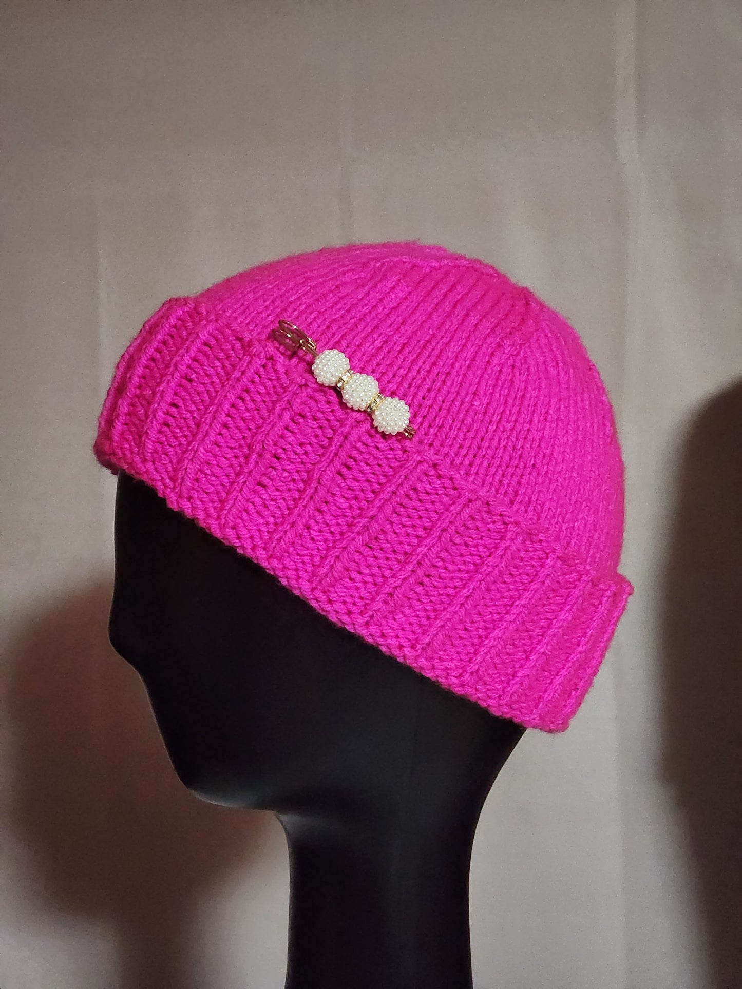 Pink Cuffed Hat with Beaded Safety Pin