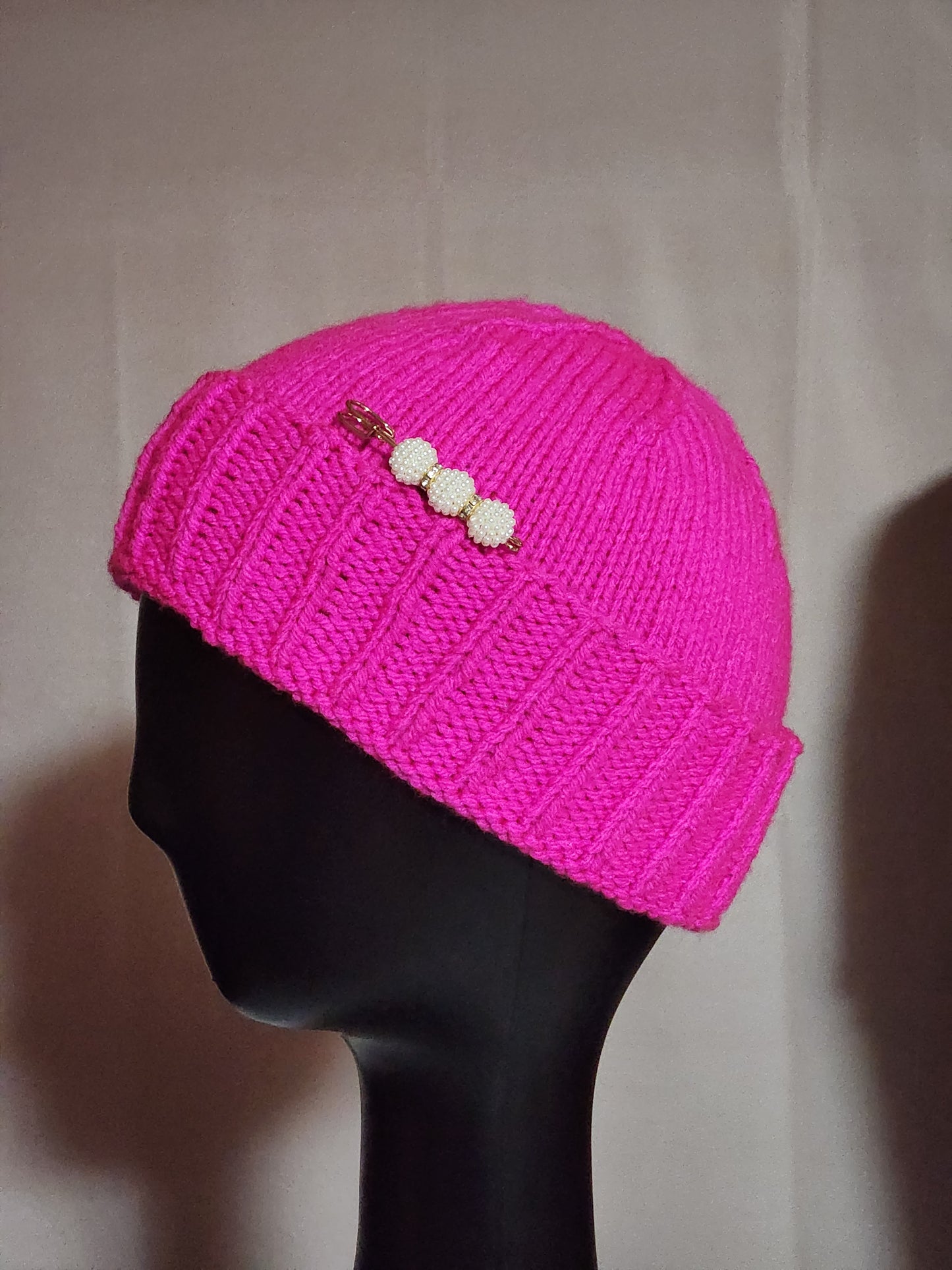 Pink Cuffed Hat with Beaded Safety Pin