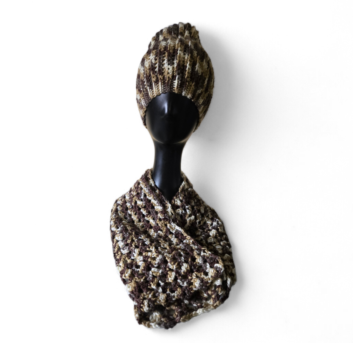 Brown multicolored hat and scarf