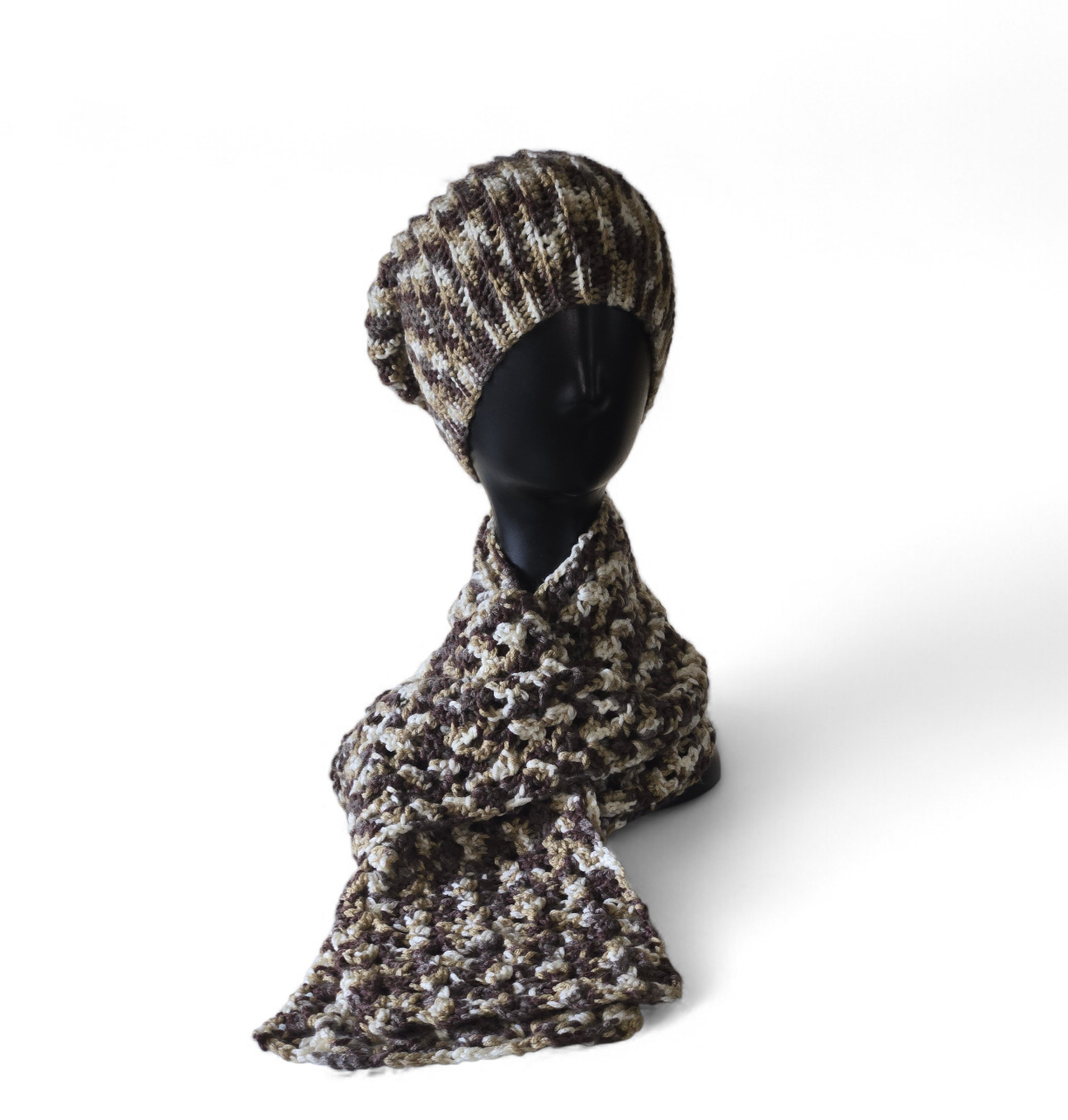Brown multicolored hat and scarf