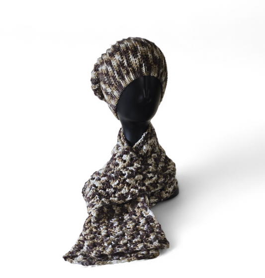 Brown multicolored hat and scarf